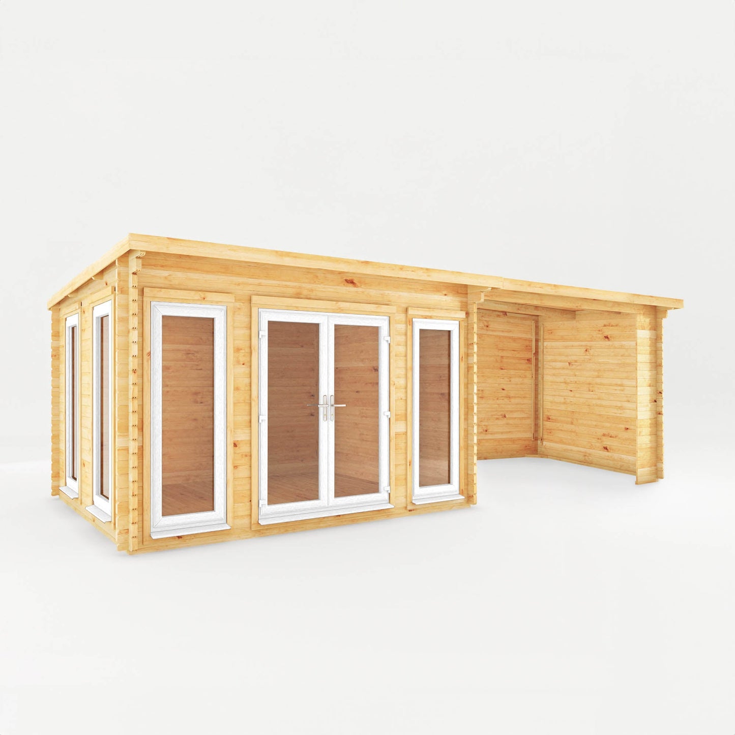 Mercia Studio 10' 11" x 22' 8" Pent Log Cabin - Premium 44mm Cladding Loglap - White UPVC