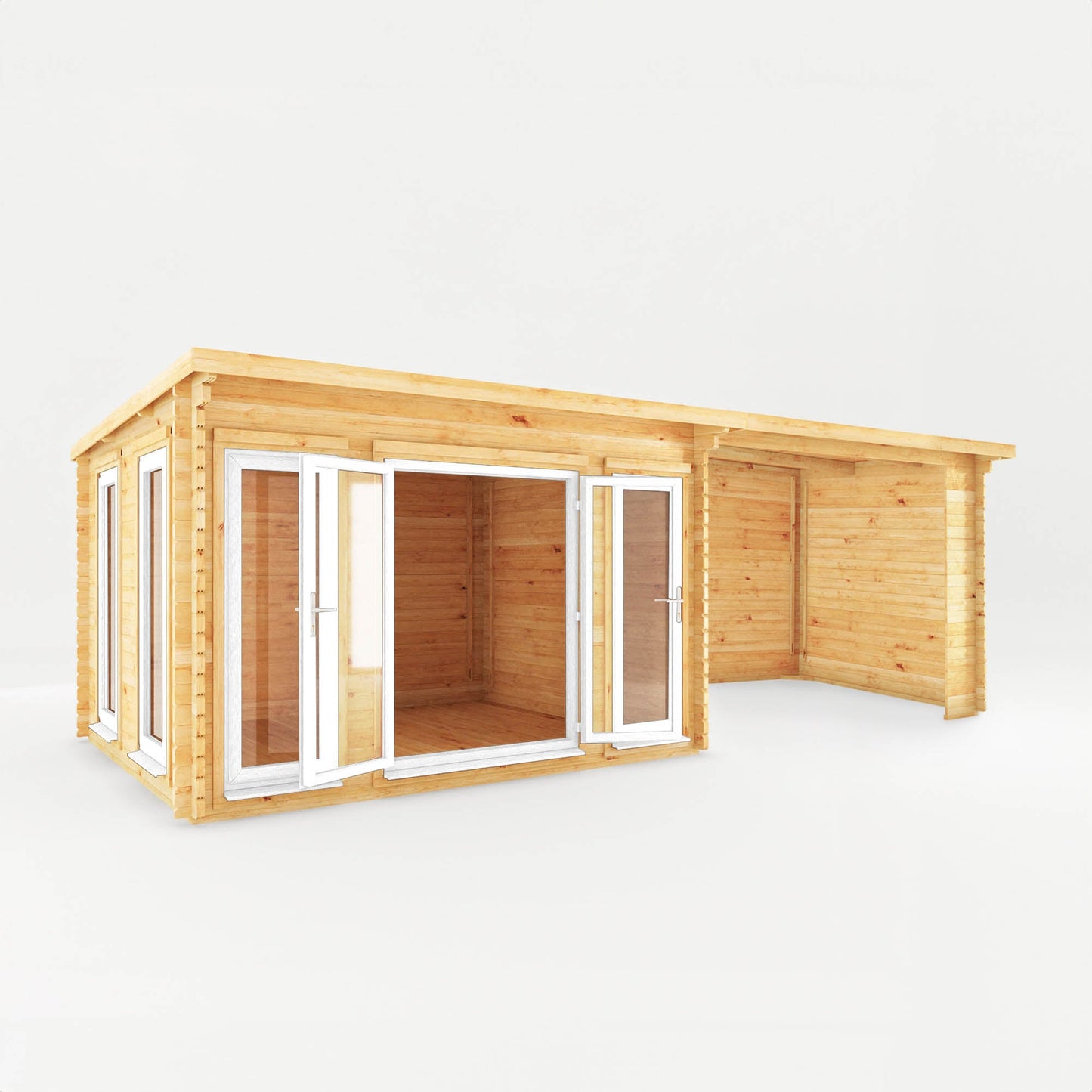 Mercia Studio 10' 11" x 22' 8" Pent Log Cabin - Premium 44mm Cladding Loglap - White UPVC
