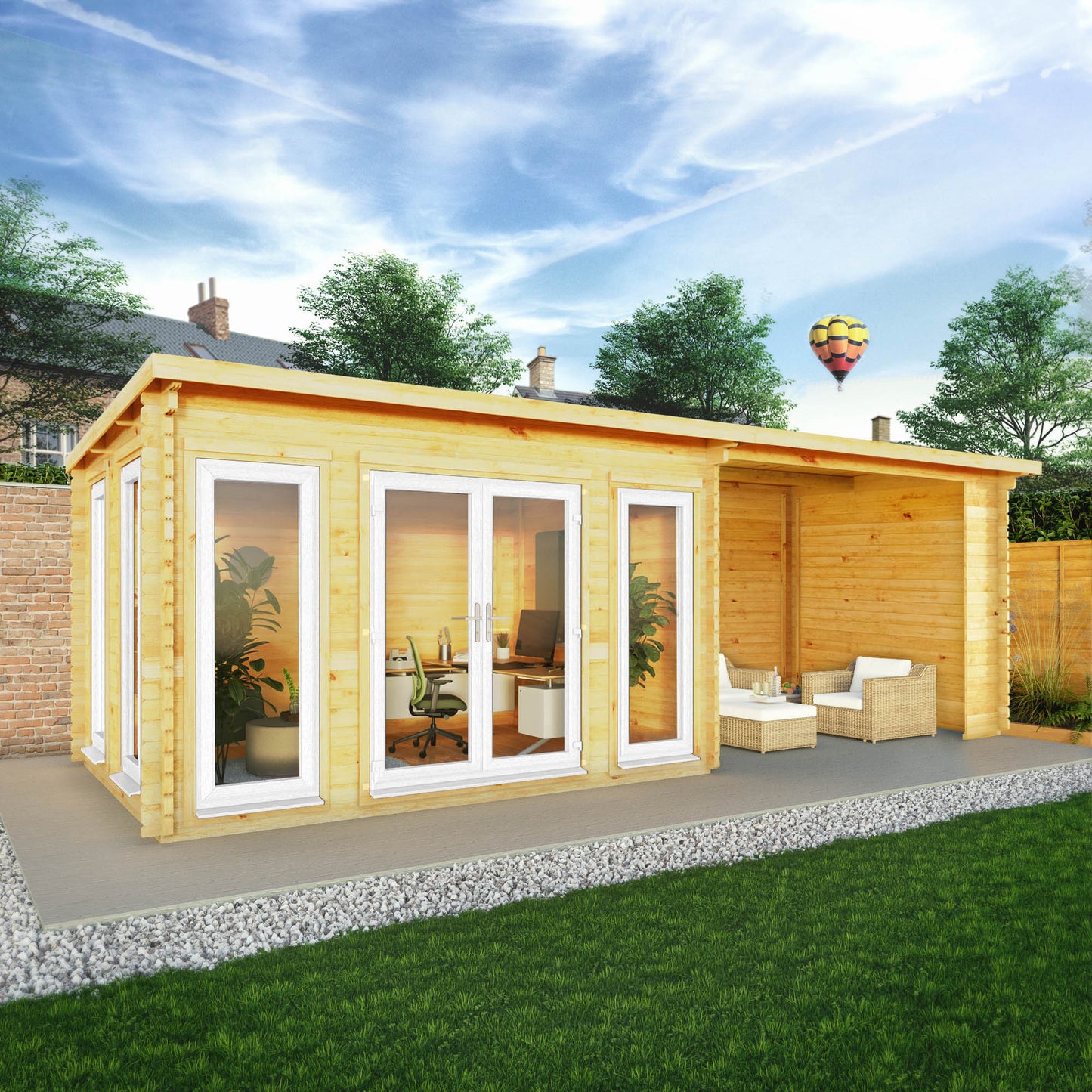 Mercia Studio 10' 11" x 22' 8" Pent Log Cabin - Premium 44mm Cladding Loglap - White UPVC