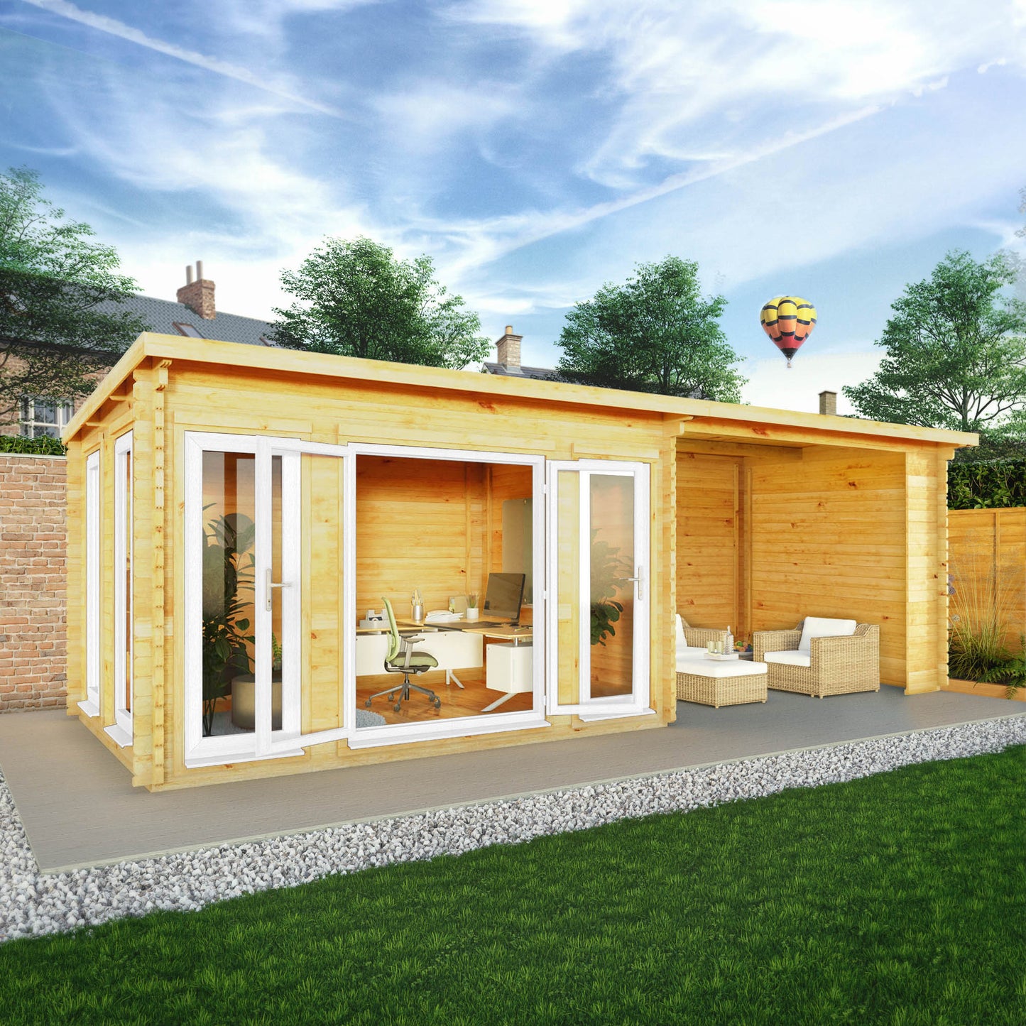 Mercia Studio 10' 11" x 22' 8" Pent Log Cabin - Premium 44mm Cladding Loglap - White UPVC