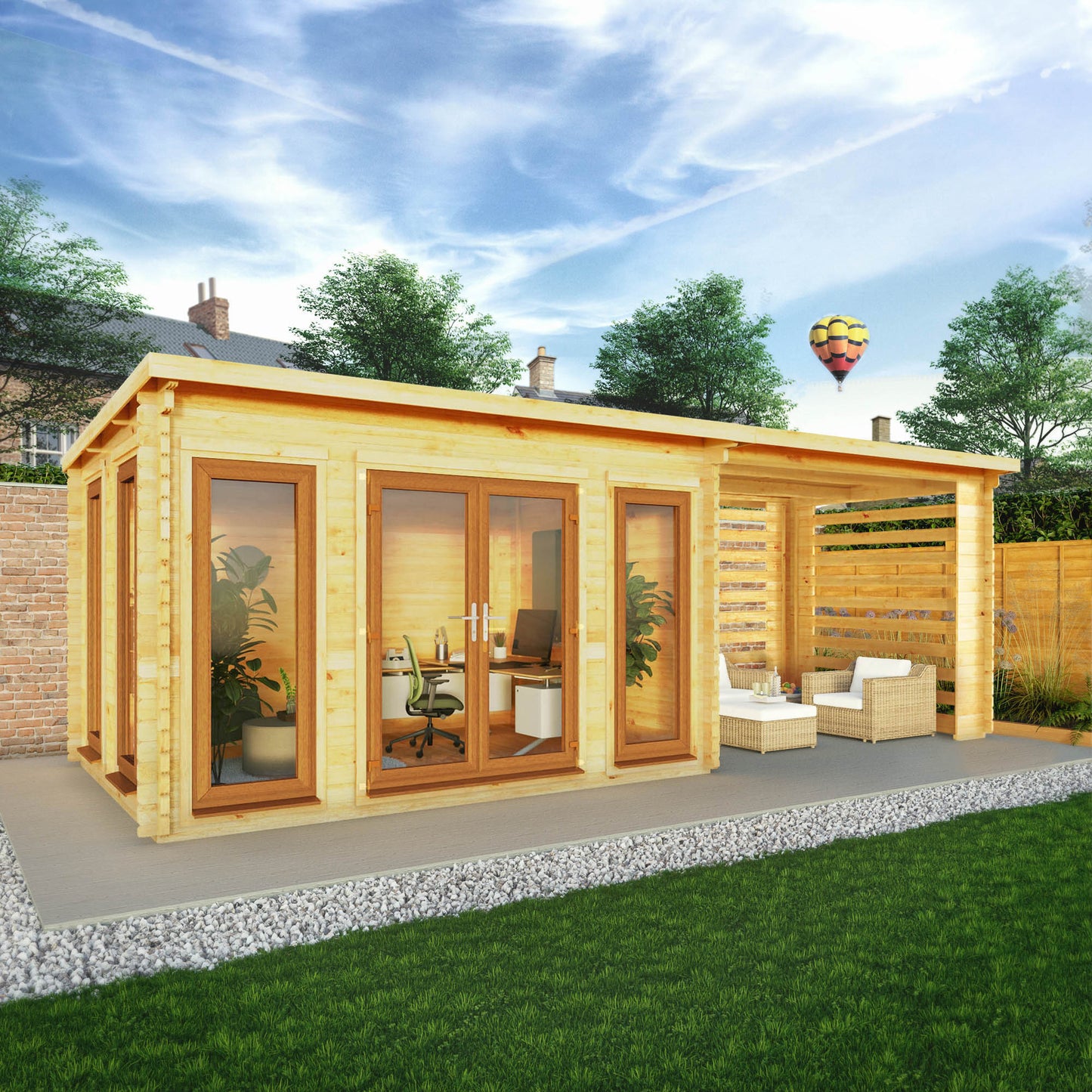 Mercia Studio 10' 11" x 22' 8" Pent Log Cabin Slatted - Premium 44mm Cladding Loglap - Brown UPVC Primary Image