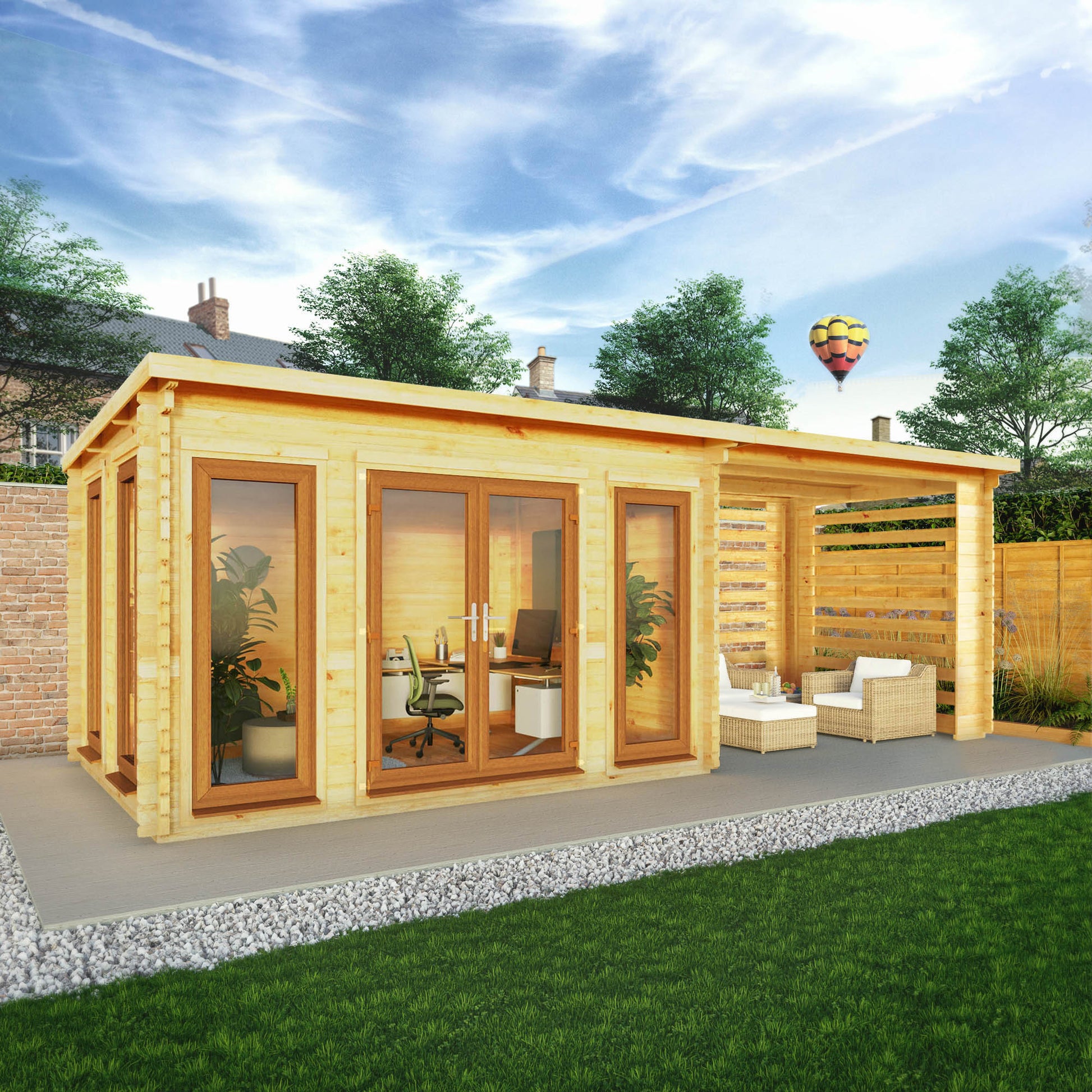 Mercia Studio 10' 11" x 22' 8" Pent Log Cabin Slatted - Premium 44mm Cladding Loglap - Brown UPVC Primary Image