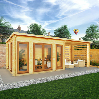 Mercia Studio 10' 11" x 22' 8" Pent Log Cabin Slatted - Premium 44mm Cladding Loglap - Brown UPVC Primary Image