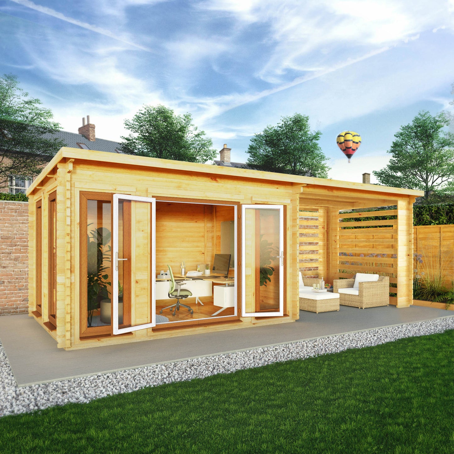 Mercia Studio 10' 11" x 22' 8" Pent Log Cabin Slatted - Premium 44mm Cladding Loglap - Brown UPVC