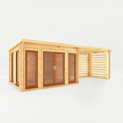 Mercia Studio 10' 11" x 22' 8" Pent Log Cabin Slatted - Premium 44mm Cladding Loglap - Brown UPVC
