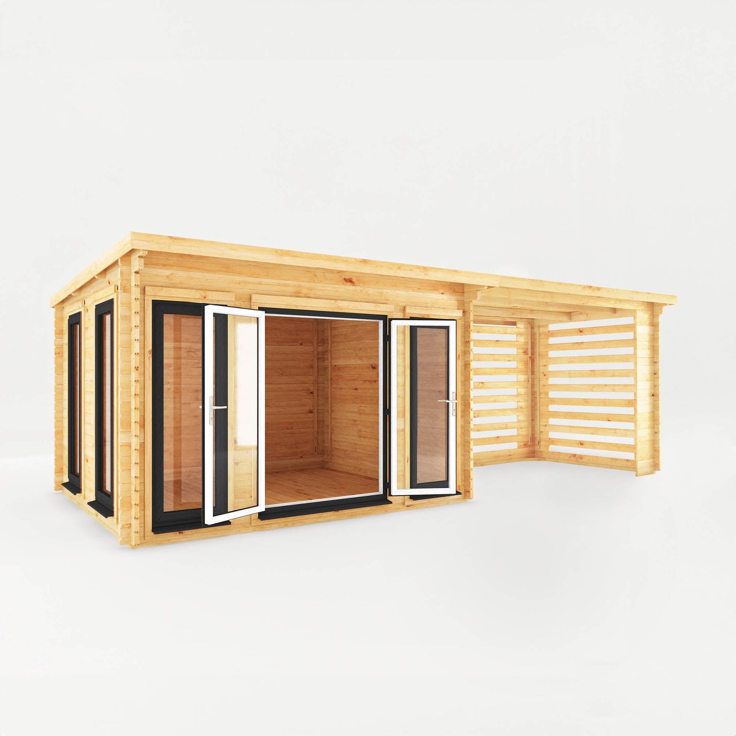 Mercia Studio 10' 11" x 22' 8" Pent Log Cabin Slatted - Premium 44mm Cladding Loglap - Grey UPVC