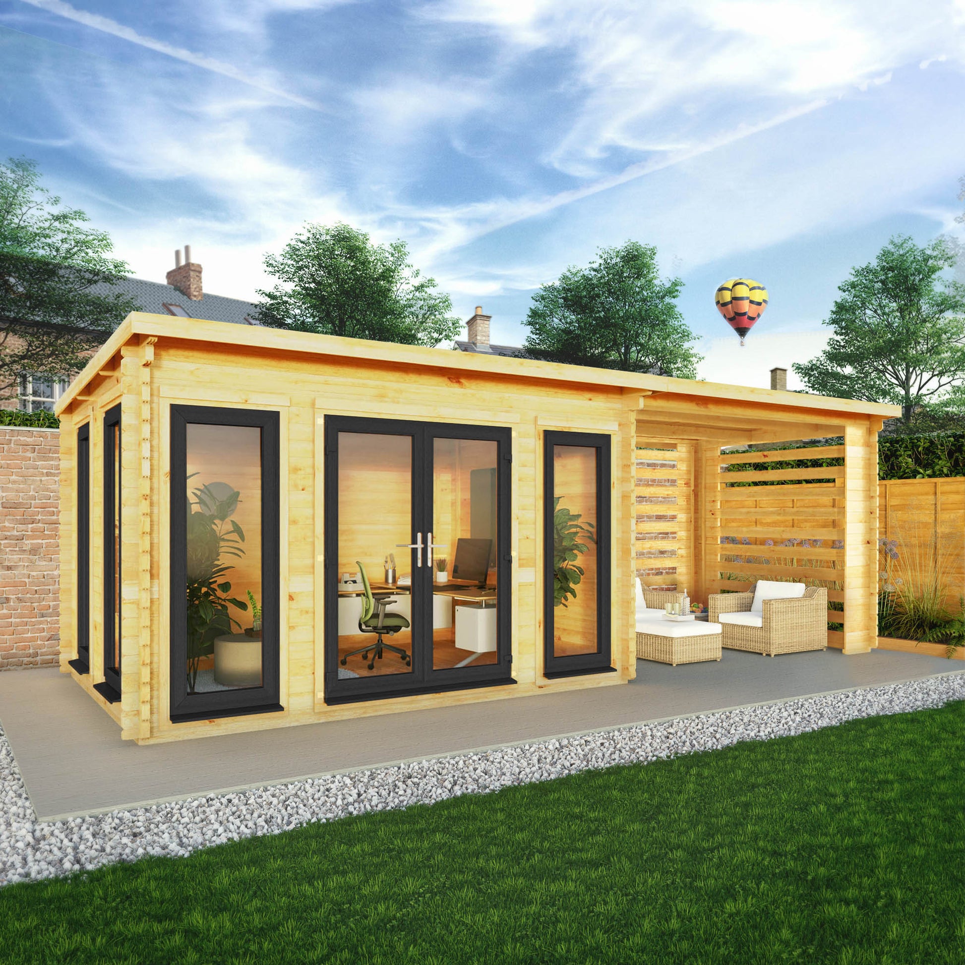 Mercia Studio 10' 11" x 22' 8" Pent Log Cabin Slatted - Premium 44mm Cladding Loglap - Grey UPVC Primary Image