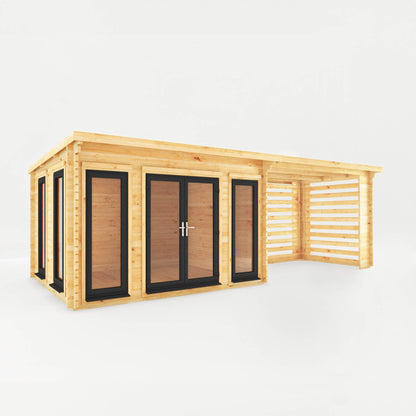 Mercia Studio 10' 11" x 22' 8" Pent Log Cabin Slatted - Premium 44mm Cladding Loglap - Grey UPVC