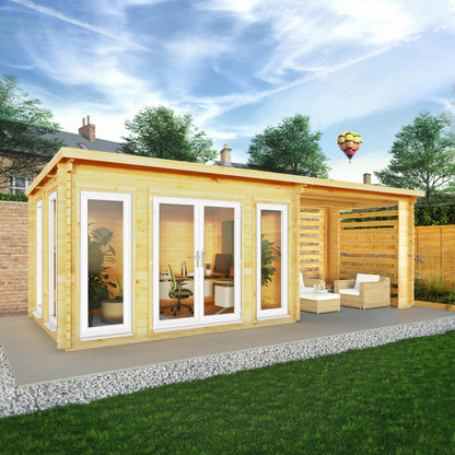 Mercia Studio 10' 11" x 22' 8" Pent Log Cabin Slatted - Premium 44mm Cladding Loglap - White UPVC