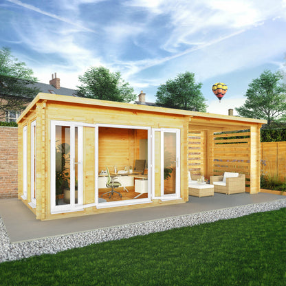 Mercia Studio 10' 11" x 22' 8" Pent Log Cabin Slatted - Premium 44mm Cladding Loglap - White UPVC