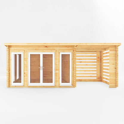 Mercia Studio 10' 11" x 22' 8" Pent Log Cabin Slatted - Premium 44mm Cladding Loglap - White UPVC
