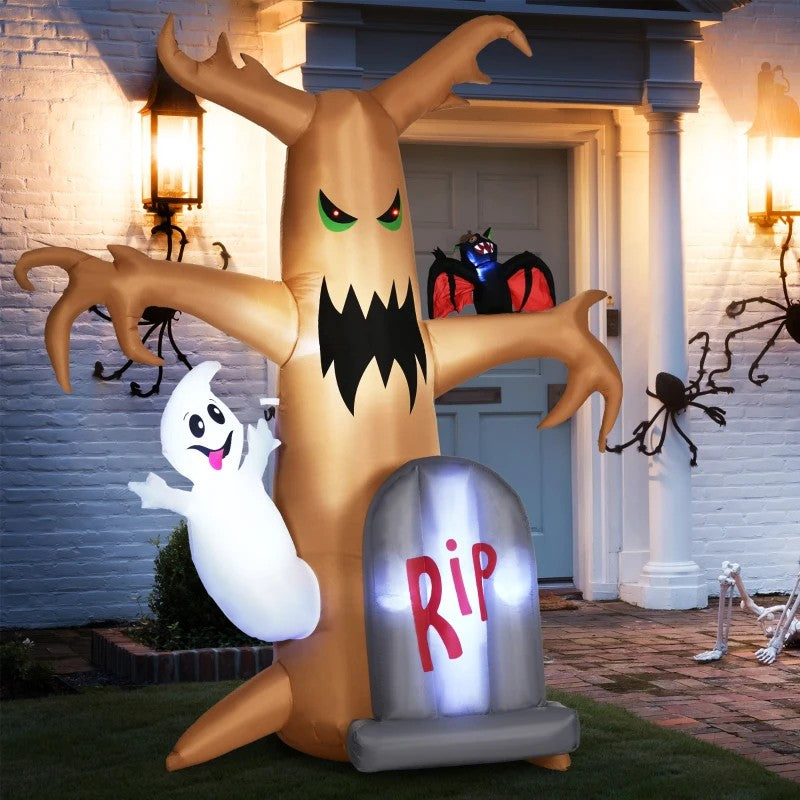 8ft Inflatable Halloween Ghost Tree with White Ghost and Tombstone