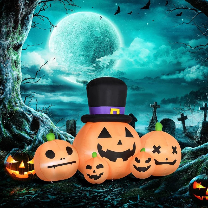 6ft Inflatable Halloween Large Pumpkin in Hat with Four Small Pumpkins