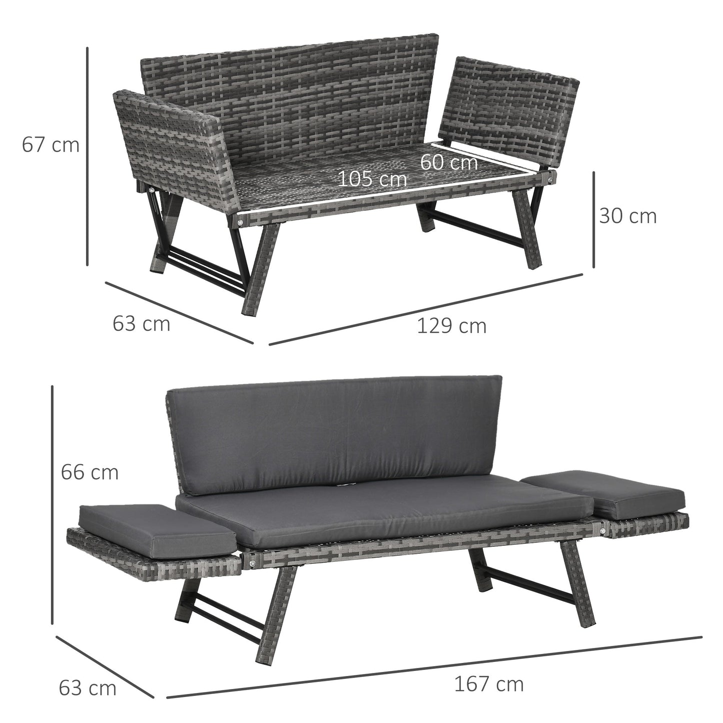 Outsunny 2 In 1 Rattan Folding Daybed Sofa Bench Garden Chaise Lounger Loveseat With Cushion Outdoor Patio Mixed Grey