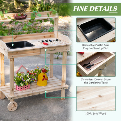 Wooden Potting Bench Work Table with 2 Removable Wheels