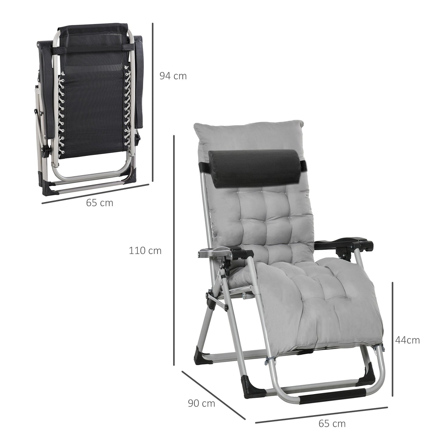 2-Piece Reclining Zero Gravity Chair Metal Frame Folding Garden Sun Lounger with Cushion Headrest Light Grey