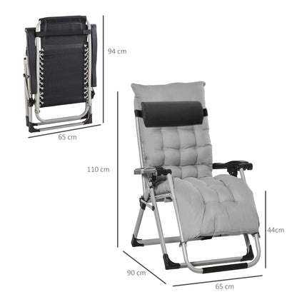 2-Piece Reclining Zero Gravity Chair Metal Frame Folding Garden Sun Lounger with Cushion Headrest Light Grey