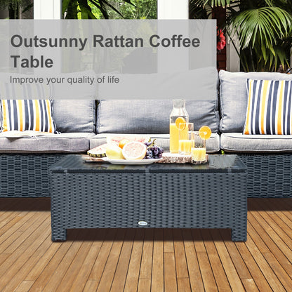 Rattan Garden Furniture Coffee Table Patio Iron Frame Tempered Glass Black