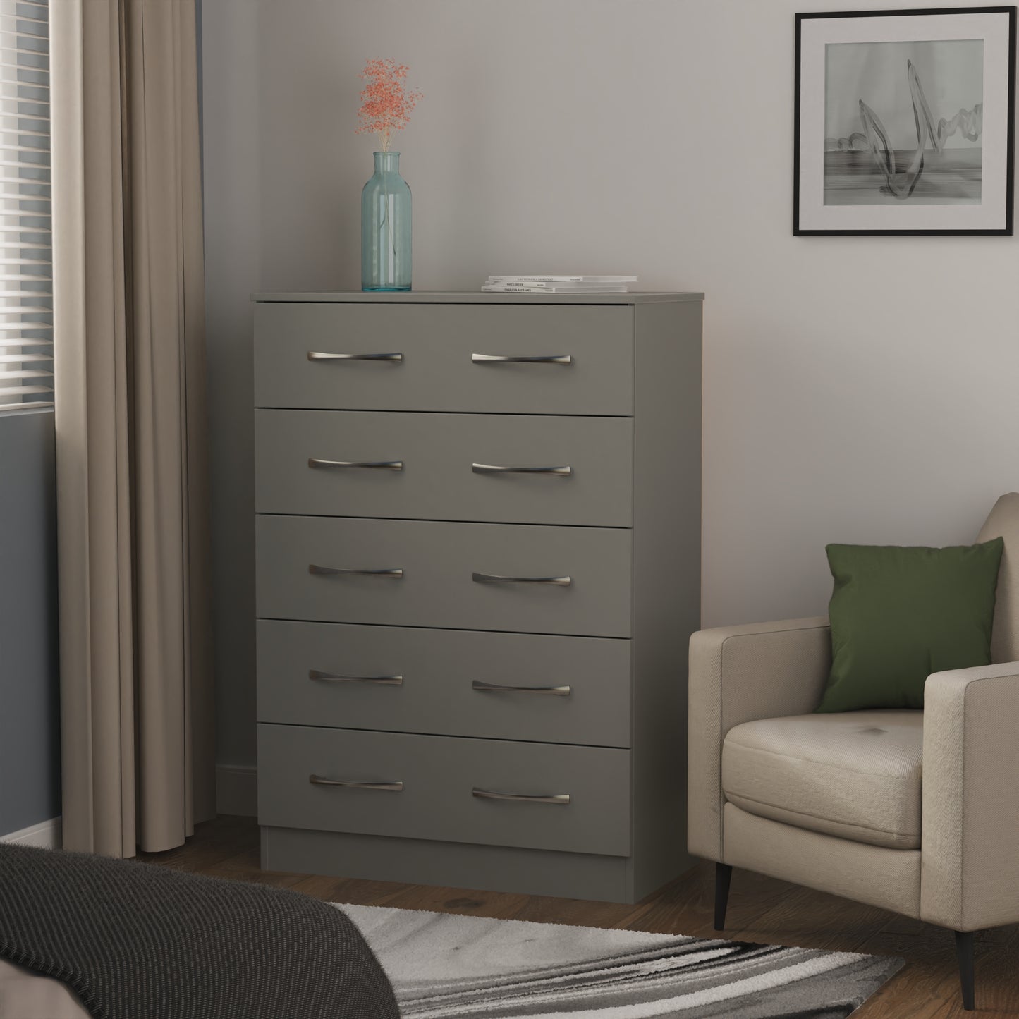 Avon Tall Chest of Drawers Grey 5 Drawers 108cm