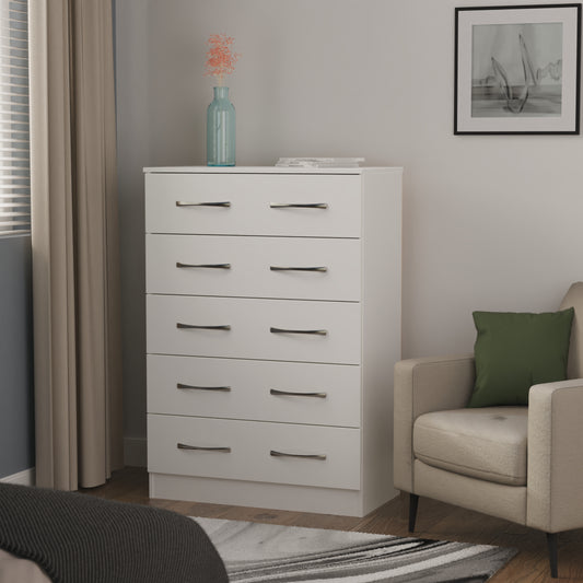 Avon Tall Chest of Drawers White 5 Drawers 108cm