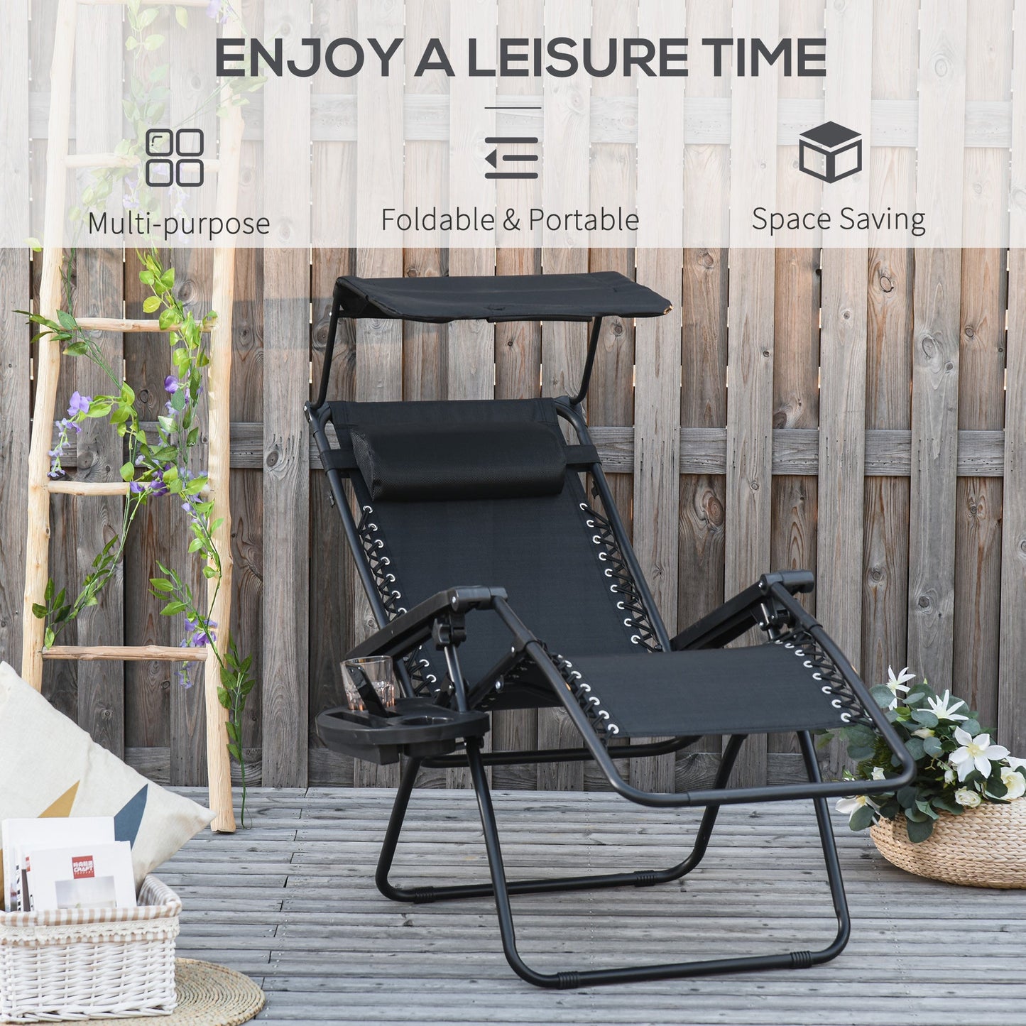 Outsunny Zero Gravity Garden Deck Folding Chair Texteline Patio Sun Lounger Reclining Seat with Cup Holder & Canopy Shade - Black