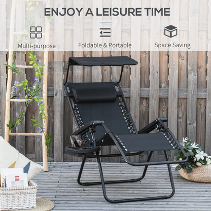 Outsunny Zero Gravity Garden Deck Folding Chair Texteline Patio Sun Lounger Reclining Seat with Cup Holder & Canopy Shade - Black