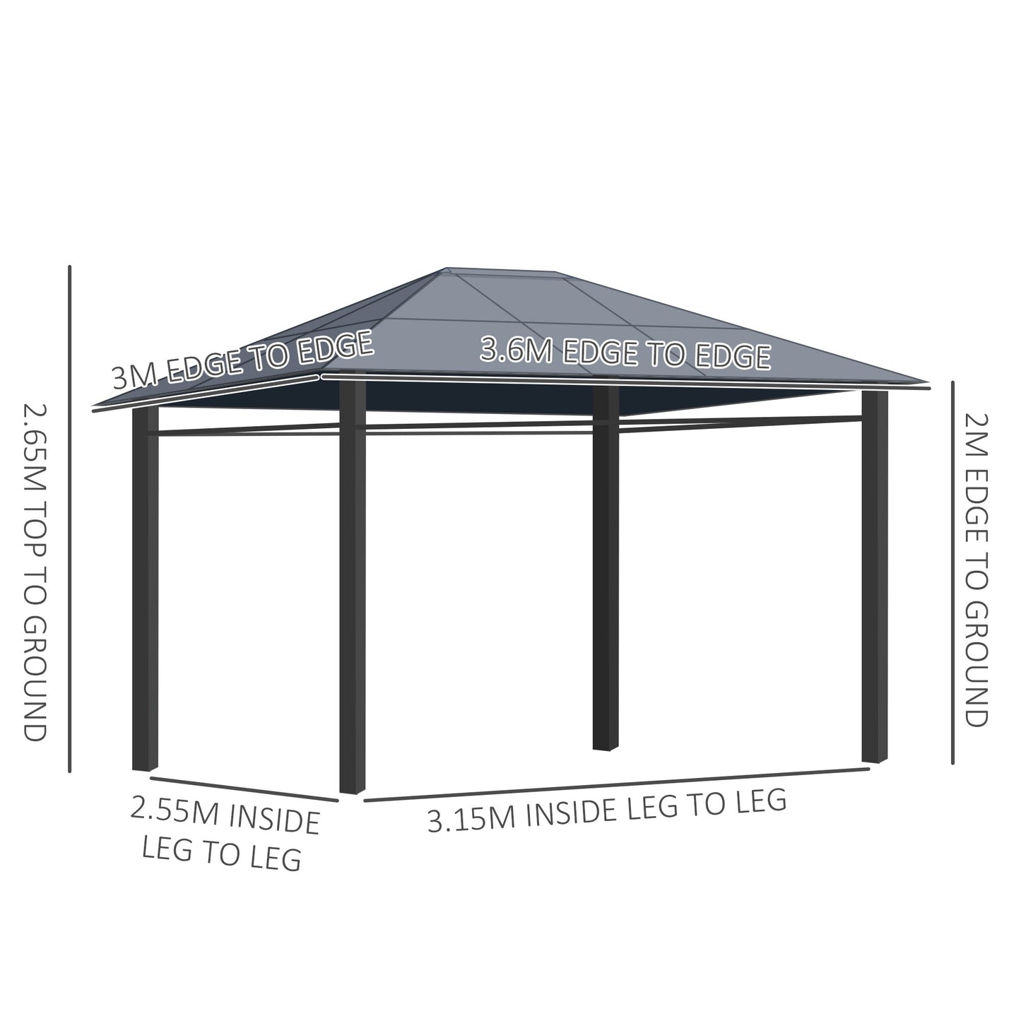 3 x 3.6m Hardtop Gazebo with UV Resistant Polycarbonate Roof