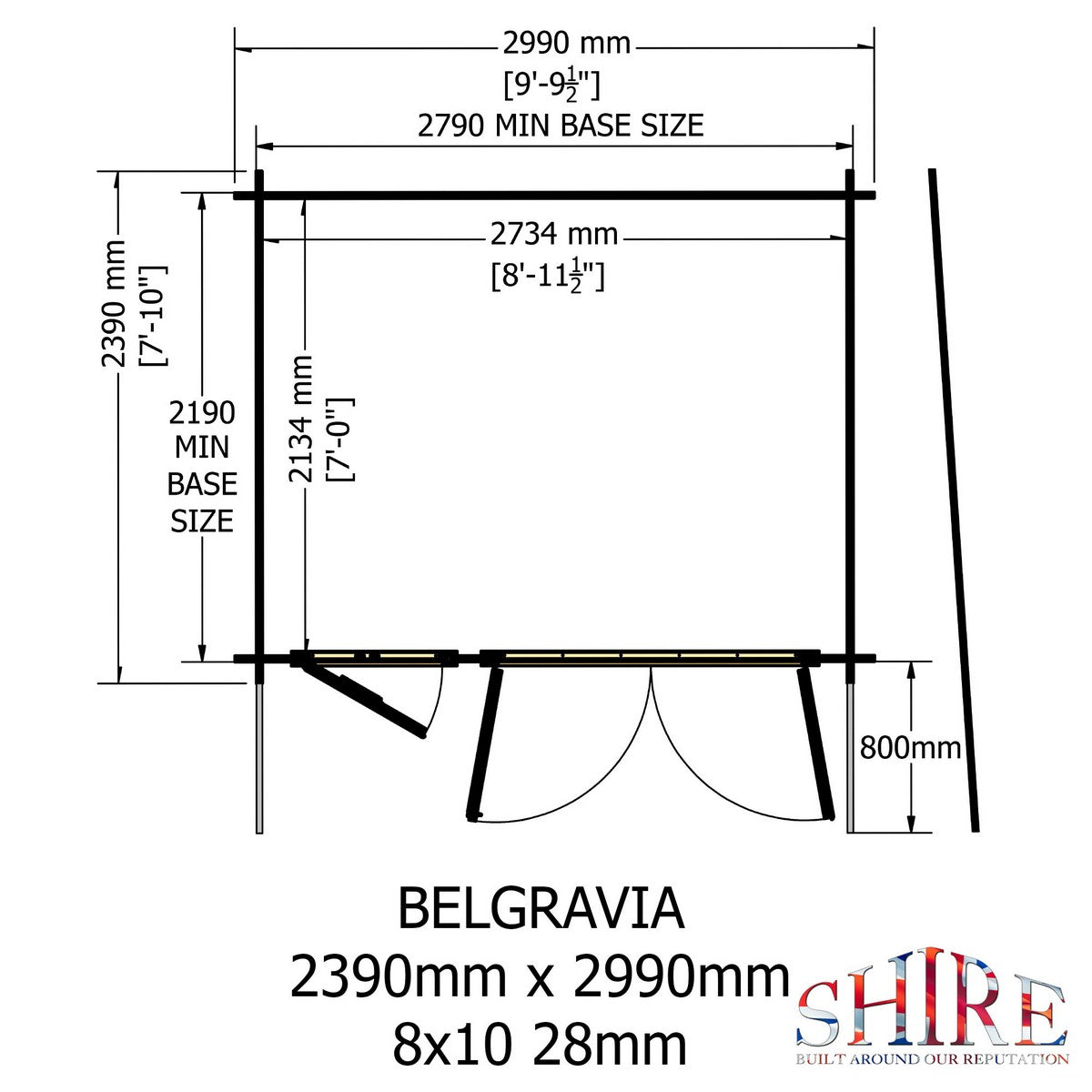 Shire Belgravia 7' 10" x 9' 9" Pent Log Cabin - Premium 44mm Cladding Tongue & Groove