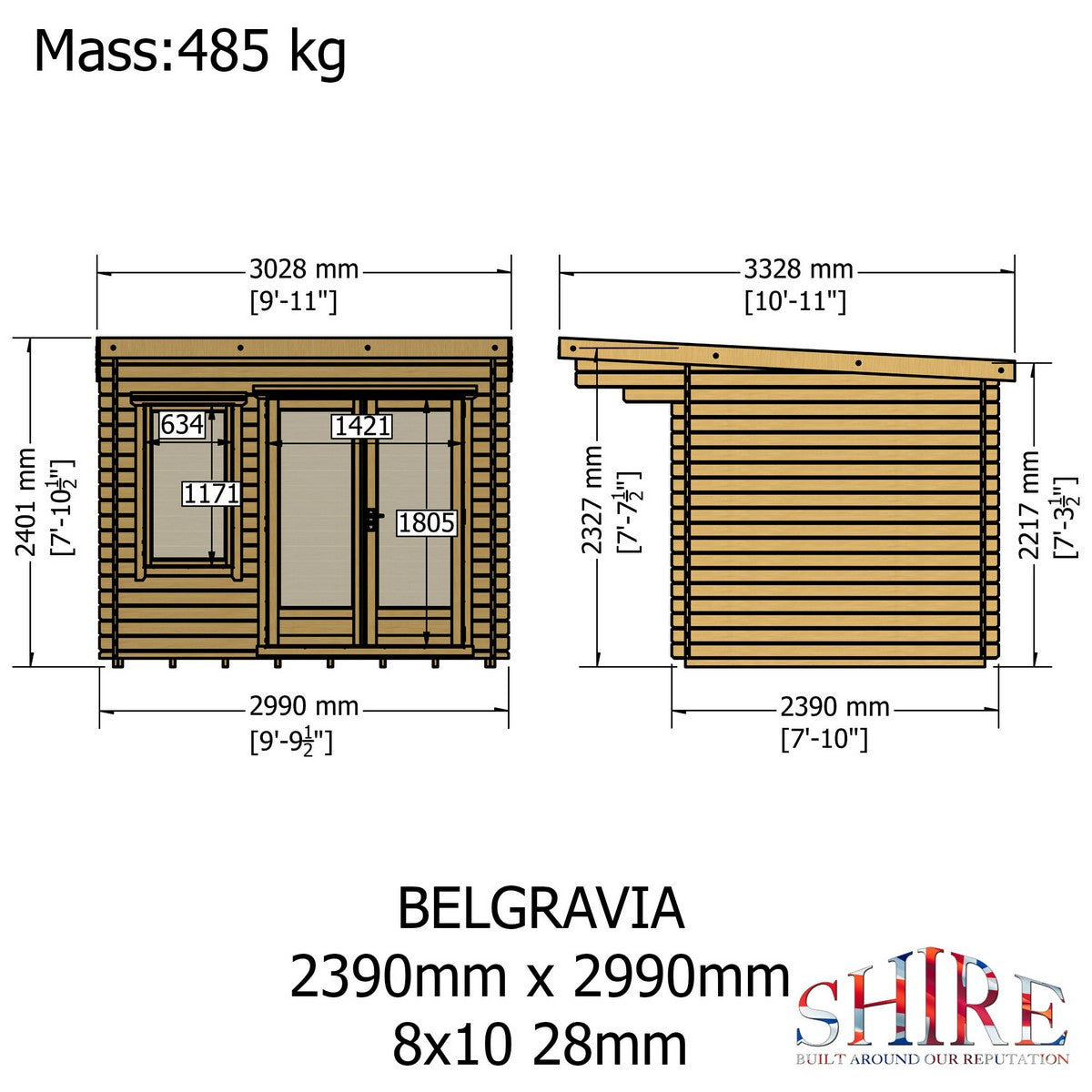 Shire Belgravia 7' 10" x 9' 9" Pent Log Cabin - Premium 44mm Cladding Tongue & Groove