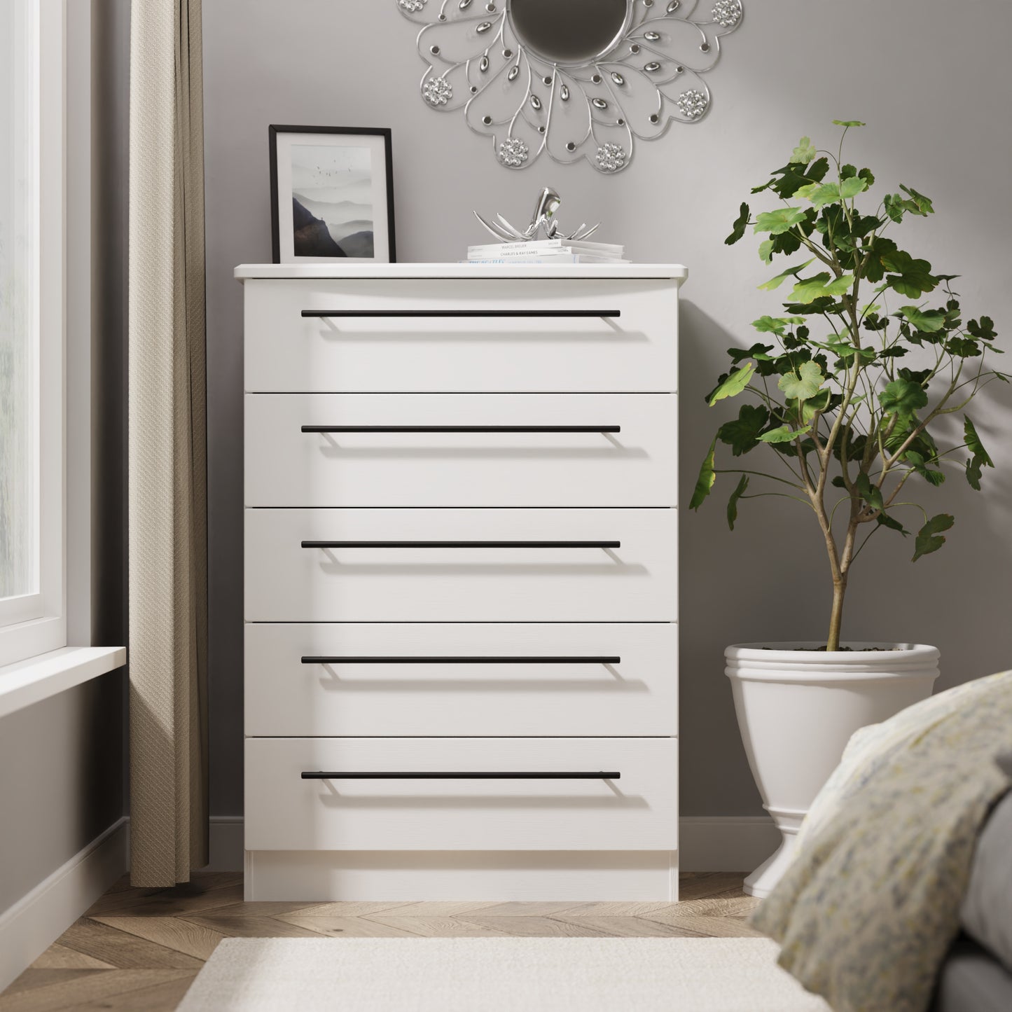 Beverley Tall Chest of Drawers White 5 Drawers 108cm