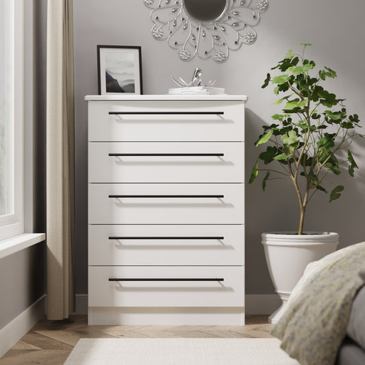 Beverley Tall Chest of Drawers White 5 Drawers 108cm