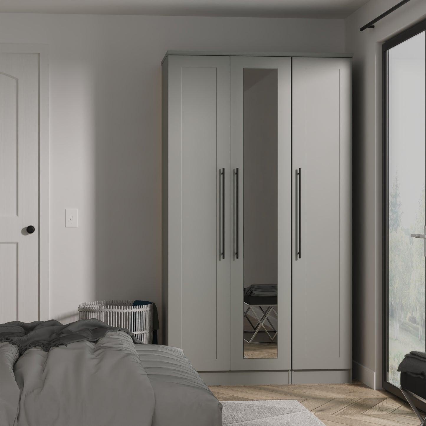 Beverley Tall Mirror Wardrobe Grey 3 Doors 1 Shelf 196cm