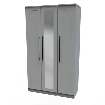 Beverley Tall Mirror Wardrobe Grey 3 Doors 1 Shelf 196cm
