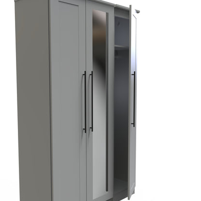 Beverley Tall Mirror Wardrobe Grey 3 Doors 1 Shelf 196cm