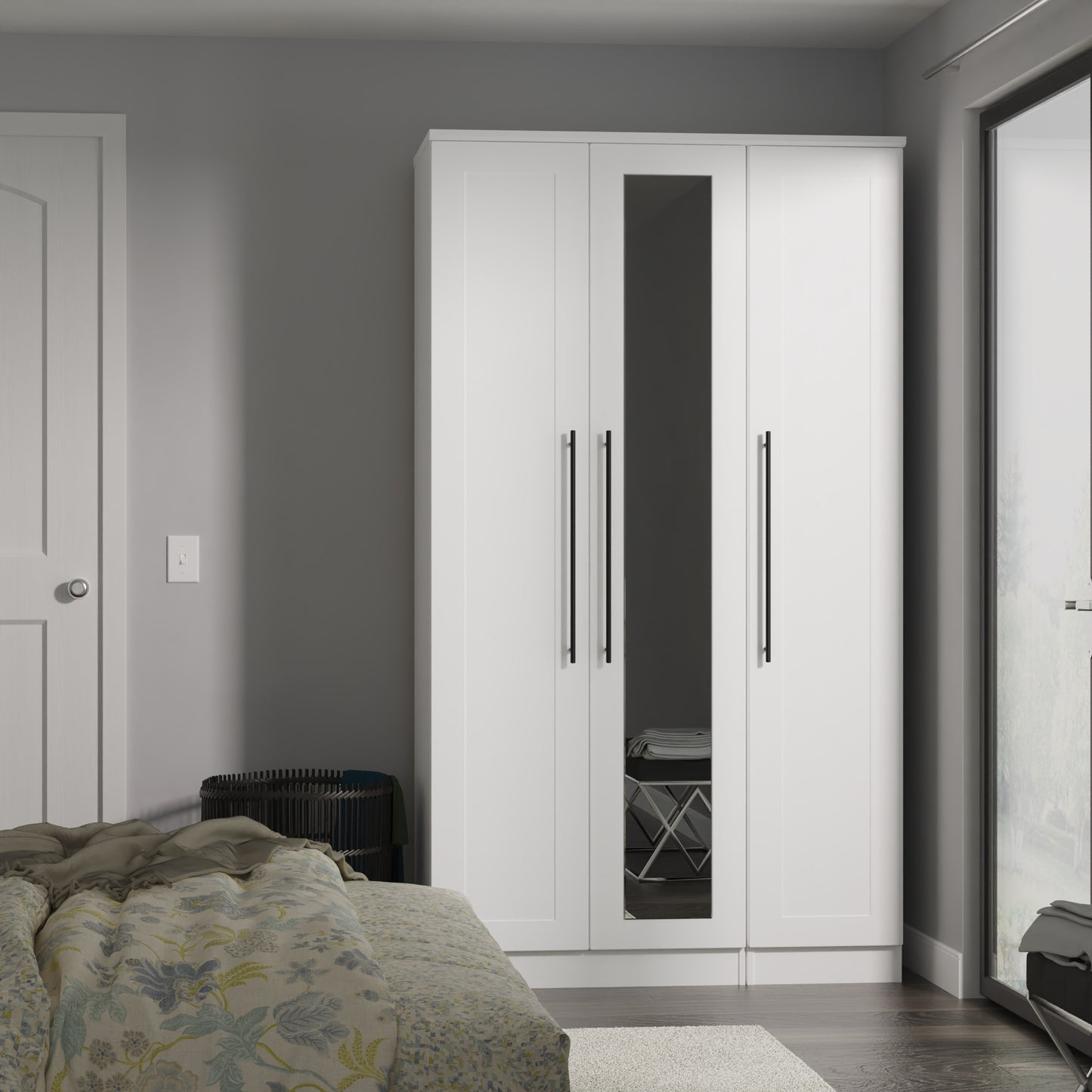 Beverley Tall Mirror Wardrobe White 3 Doors 1 Shelf 196cm