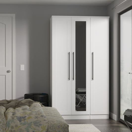 Beverley Tall Mirror Wardrobe White 3 Doors 1 Shelf 196cm