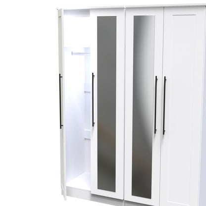 Beverley Tall Mirror Wardrobe White 4 Doors 1 Shelf 196cm