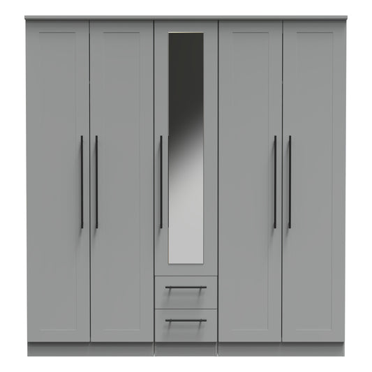 Beverley Tall Mirror Wardrobe Grey 5 Doors 2 Shelves 2 Drawers 196cm