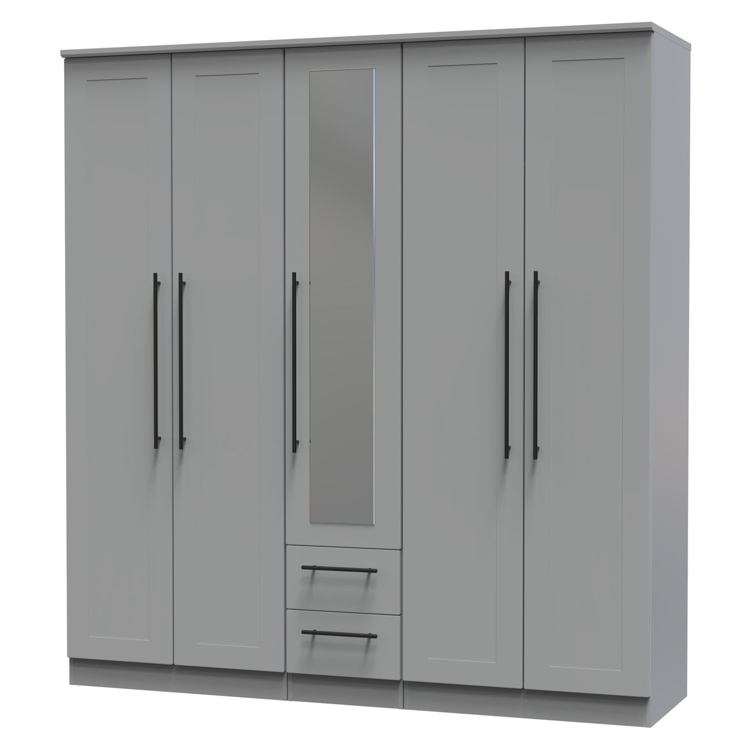 Beverley Tall Mirror Wardrobe Grey 5 Doors 2 Shelves 2 Drawers 196cm