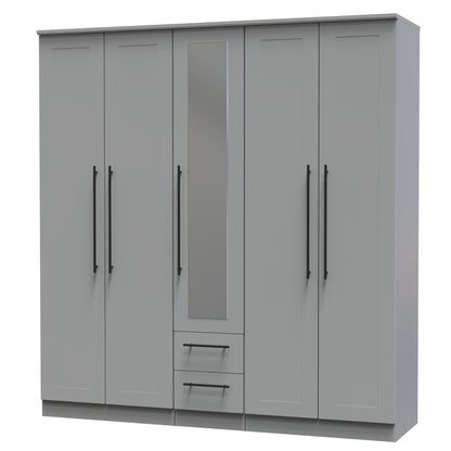 Beverley Tall Mirror Wardrobe Grey 5 Doors 2 Shelves 2 Drawers 196cm