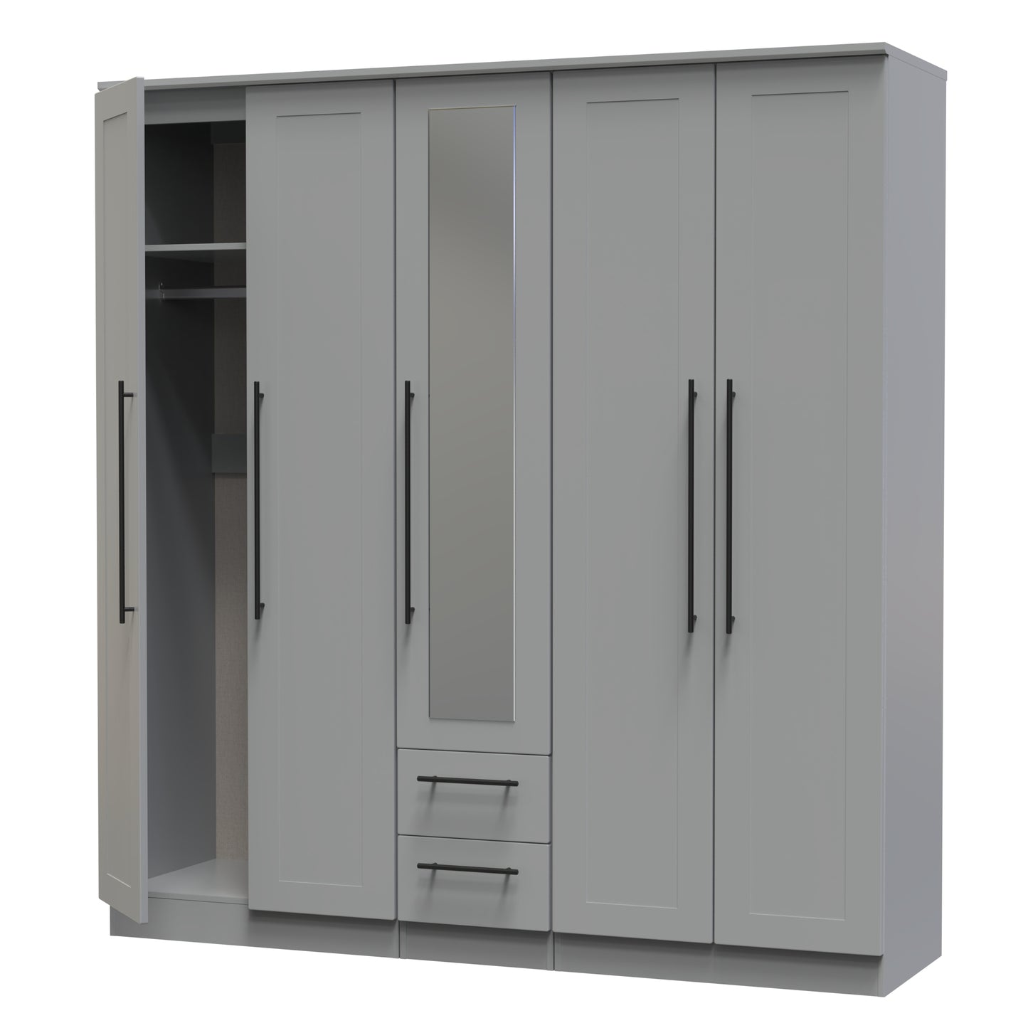 Beverley Tall Mirror Wardrobe Grey 5 Doors 2 Shelves 2 Drawers 196cm