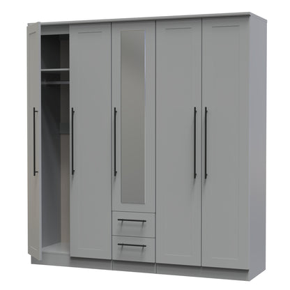 Beverley Tall Mirror Wardrobe Grey 5 Doors 2 Shelves 2 Drawers 196cm
