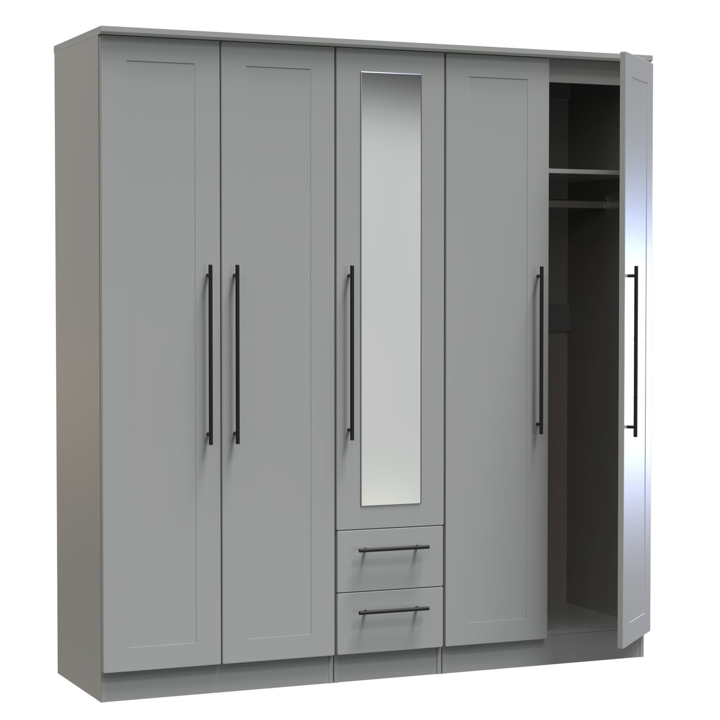 Beverley Tall Mirror Wardrobe Grey 5 Doors 2 Shelves 2 Drawers 196cm