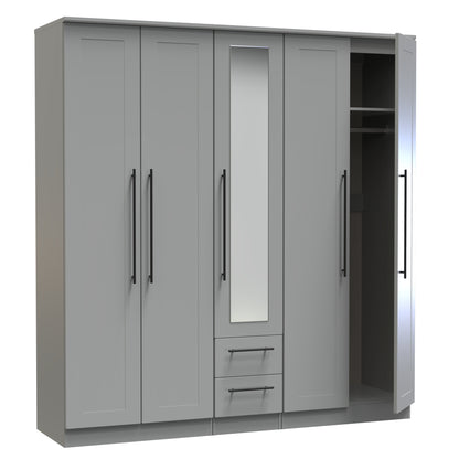 Beverley Tall Mirror Wardrobe Grey 5 Doors 2 Shelves 2 Drawers 196cm