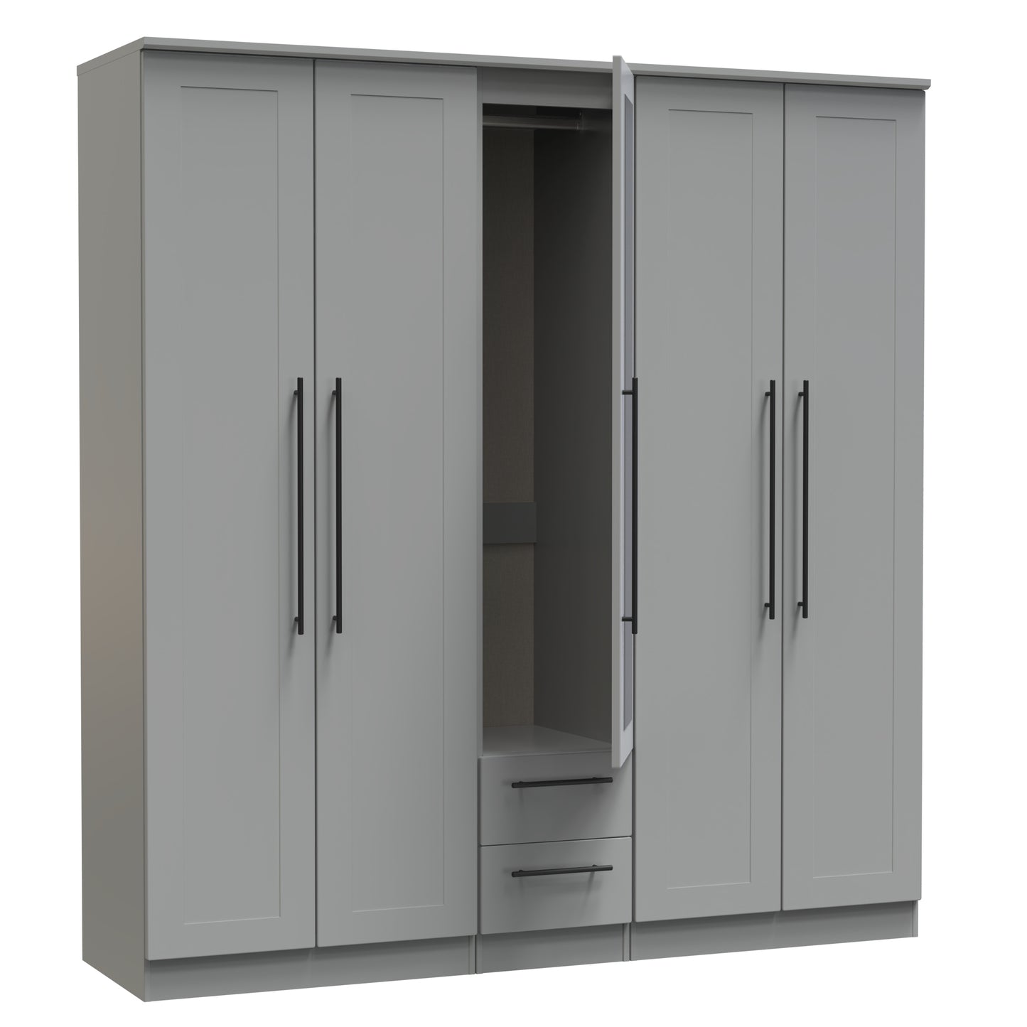 Beverley Tall Mirror Wardrobe Grey 5 Doors 2 Shelves 2 Drawers 196cm
