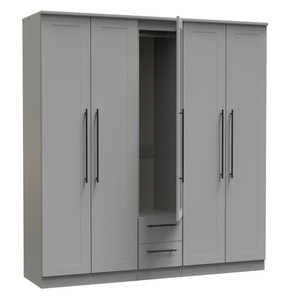 Beverley Tall Mirror Wardrobe Grey 5 Doors 2 Shelves 2 Drawers 196cm