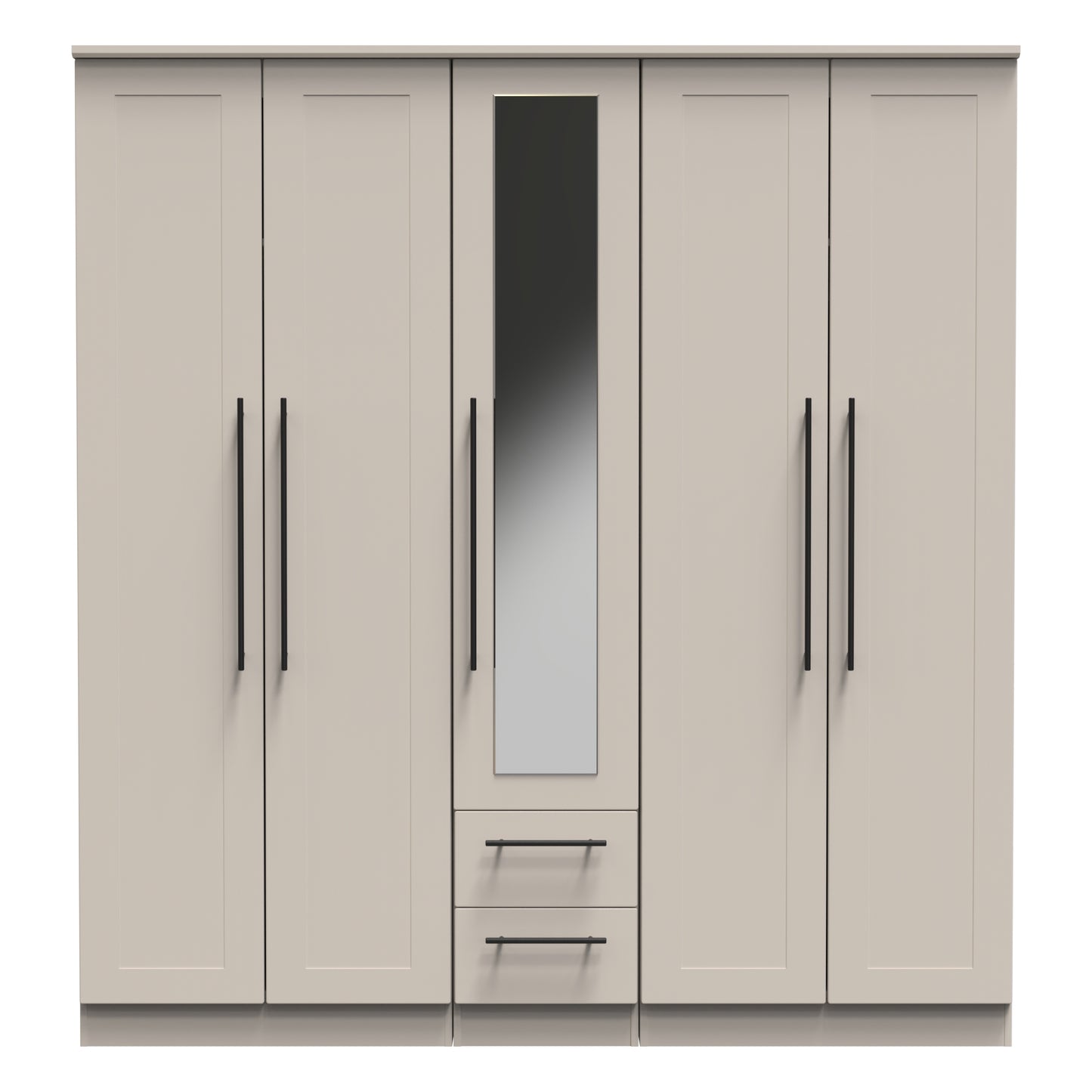 Beverley Tall Mirror Wardrobe Off-White 5 Doors 2 Shelves 2 Drawers 196cm