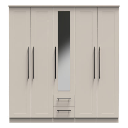 Beverley Tall Mirror Wardrobe Off-White 5 Doors 2 Shelves 2 Drawers 196cm