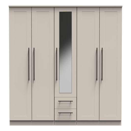 Beverley Tall Mirror Wardrobe Off-White 5 Doors 2 Shelves 2 Drawers 196cm