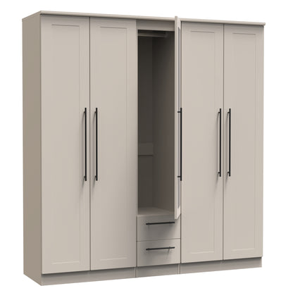 Beverley Tall Mirror Wardrobe Off-White 5 Doors 2 Shelves 2 Drawers 196cm